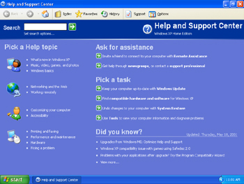 The Help and Support Center home page