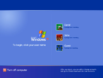 The Windows Welcome screen, displaying buttons for three different user accounts. Use these buttons to switch quickly between users
